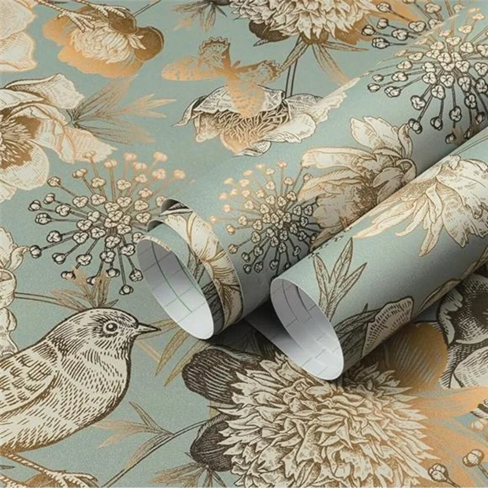 LACHEERY Blue and Gold Vintage Floral Wallpaper Peel and Stick Vintage Flower